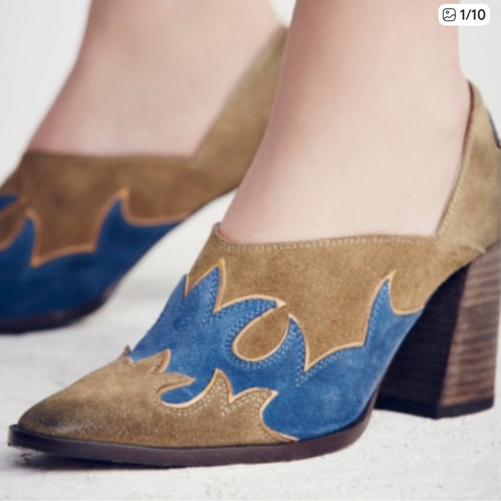 Free People Tan and Blue Suede Ankle Booties